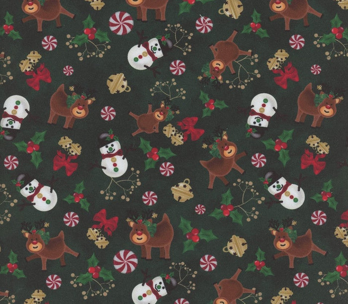 Christmas Snowmen Reindeer Bells Candy on Green 100% Cotton Price per yard