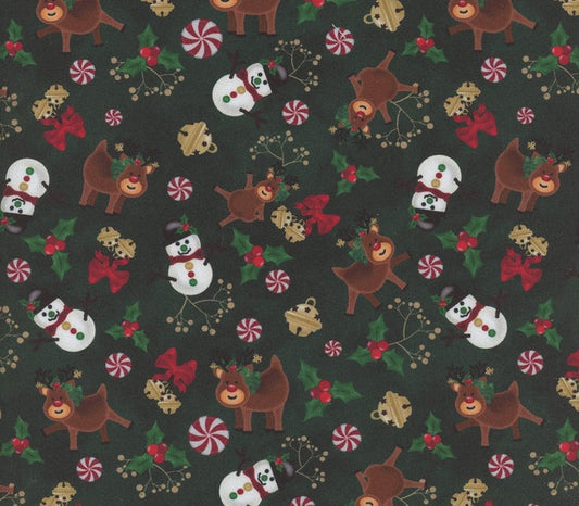 Christmas Snowmen Reindeer Bells Candy on Green 100% Cotton Price per yard