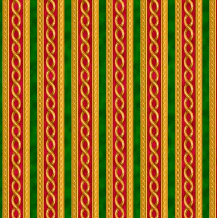 Christmas Stripes Red Green on Gold 100% Cotton Price per Yard