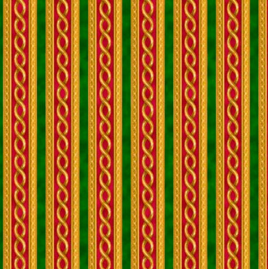 Christmas Stripes Red Green on Gold 100% Cotton Price per Yard