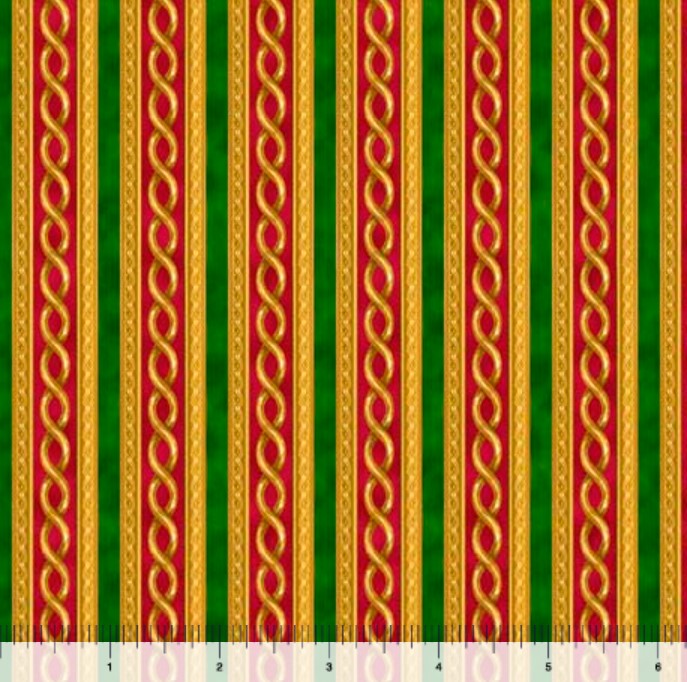 Christmas Stripes Red Green on Gold 100% Cotton Price per Yard