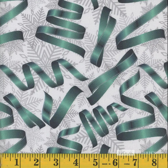 Christmas Teal Ribbons Silver Snowflakes on Cream 100% Cotton Fabric By the yard