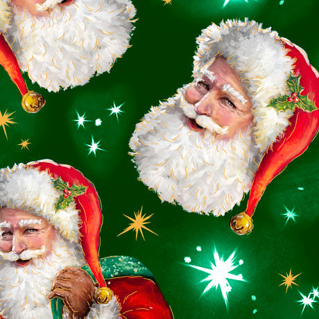 Christmas Tossed Santa Heads On Green 100% Cotton