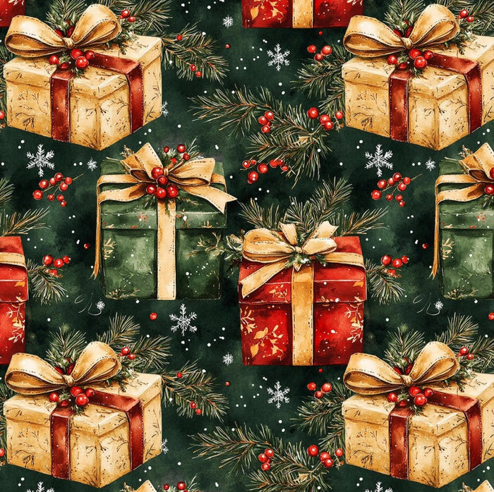 Christmas Wrapped Gifts Pine Branches on Green