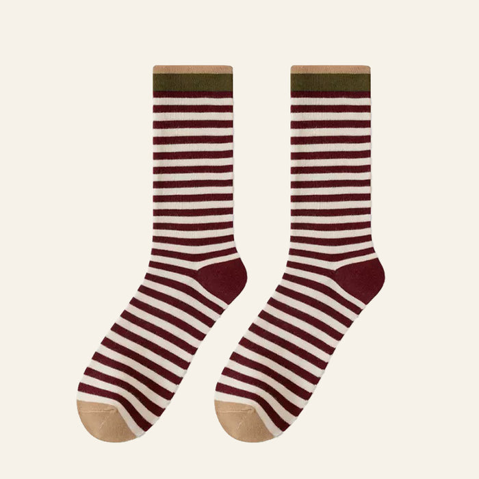 Folded view of Chromatic Stripe Socks in burgundy , ideal for workouts and commuting.