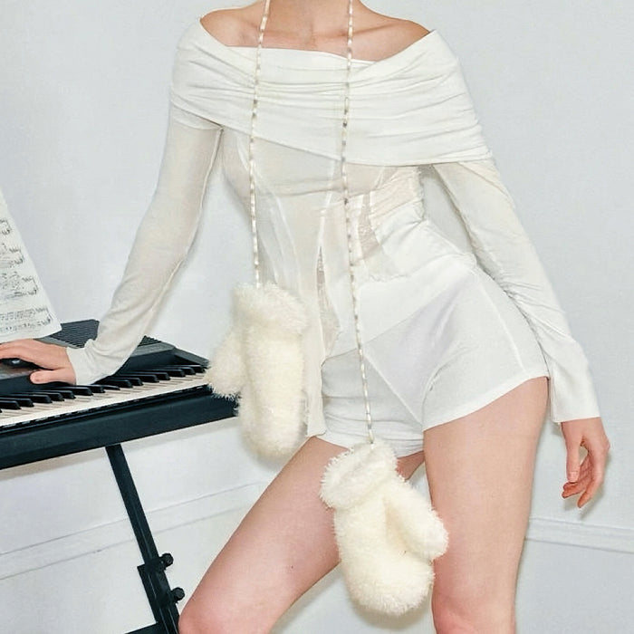 Flat lay white cloud-touch fluffy gloves with plush pile; soft warmth for cold mornings.