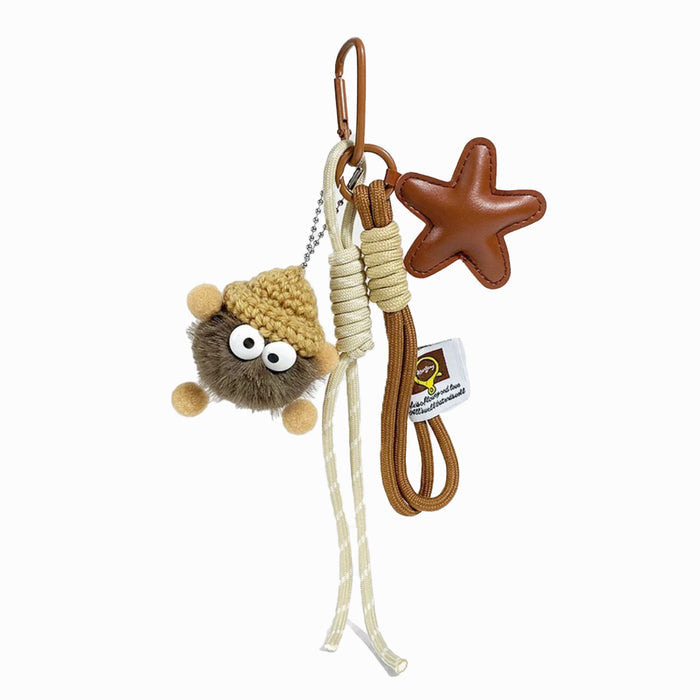 Brown coalball bag charm with a PU brown star and braided ropes; trendy kidcore bag accessory for daily use.