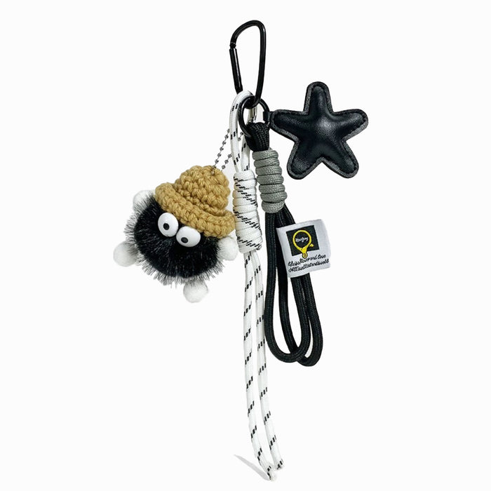Classic black coalball bag charm with a dark star and ropes; versatile trendy keychain for any bag style.