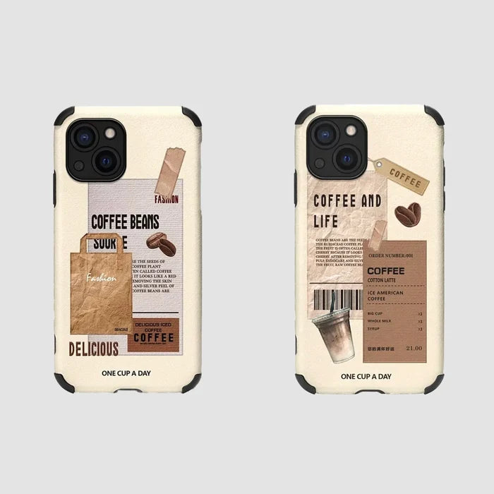Beige leather phone case with coffee collage print: beans, cups, and text. Perfect gift for coffee lovers.