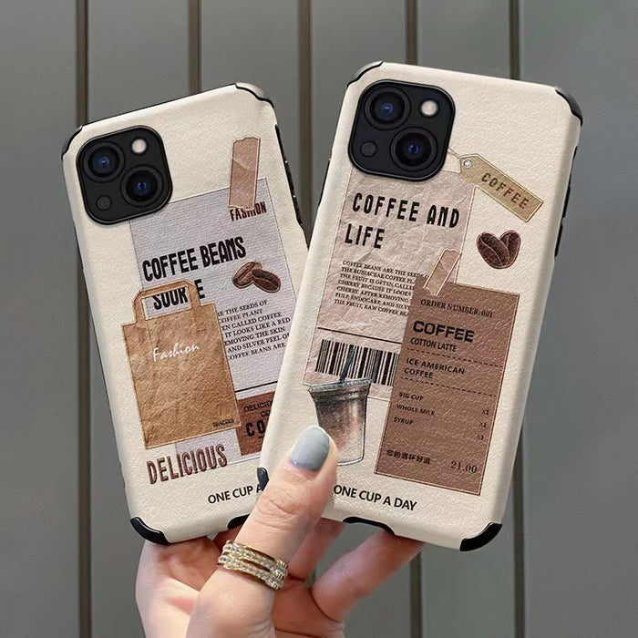 Beige PU leather iPhone cases with coffee-themed designs and corner protection for durable daily use.