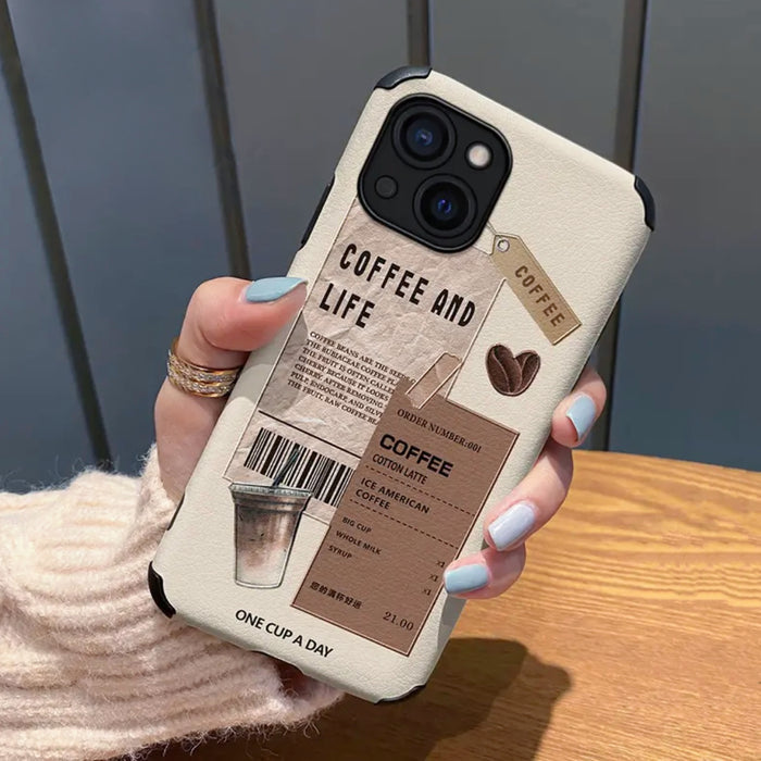 Model holding Coffee Lover Leather Case. Rich coffee tones on premium faux-leather for vintage cafe vibes.