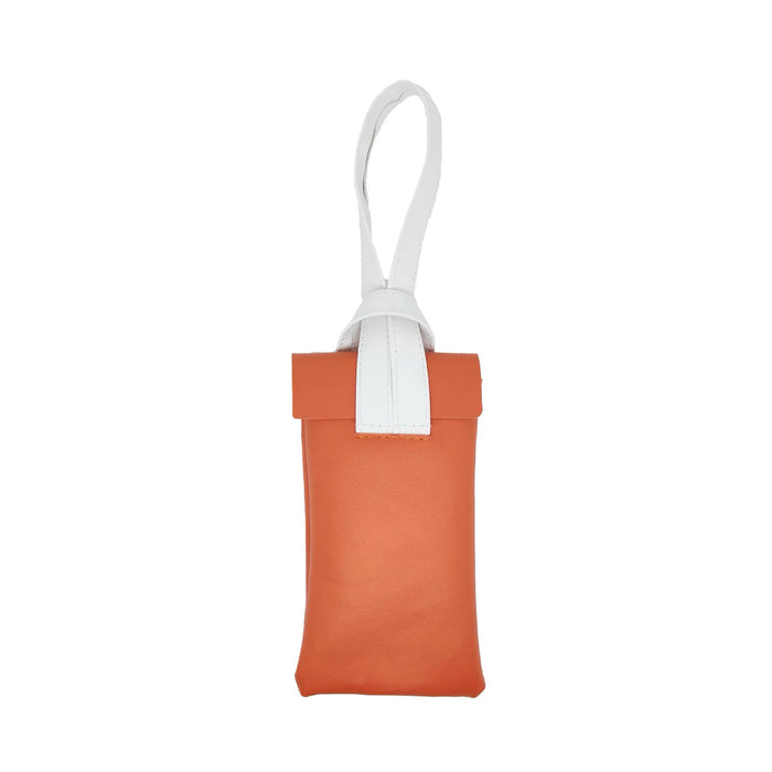 Rust brown and white color block glasses case, suited for organizing eyewear in small handbags or totes.