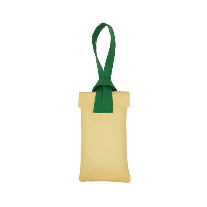 Yellow pouch with a green wristlet, bright aesthetic ideal for quick identification in a cluttered travel bag.