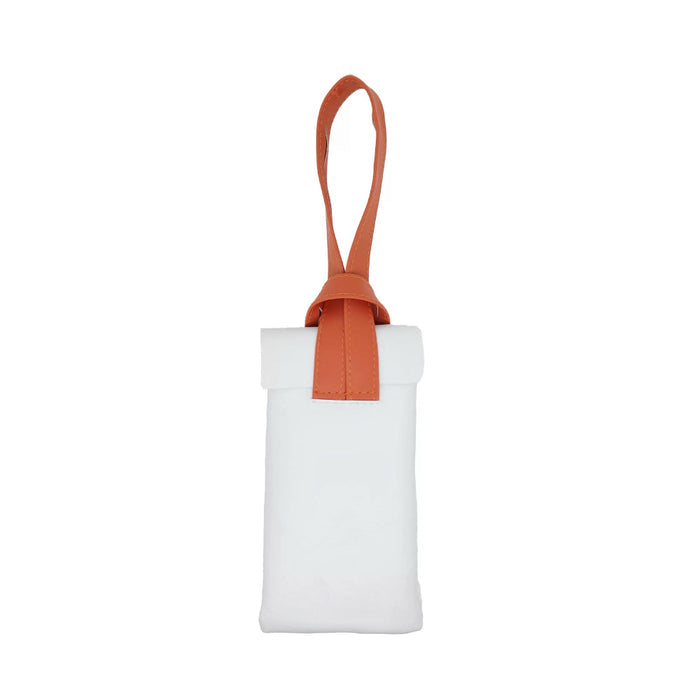 Minimalist white pouch with tan strap, clean aesthetic perfect for professional office looks and daily use.