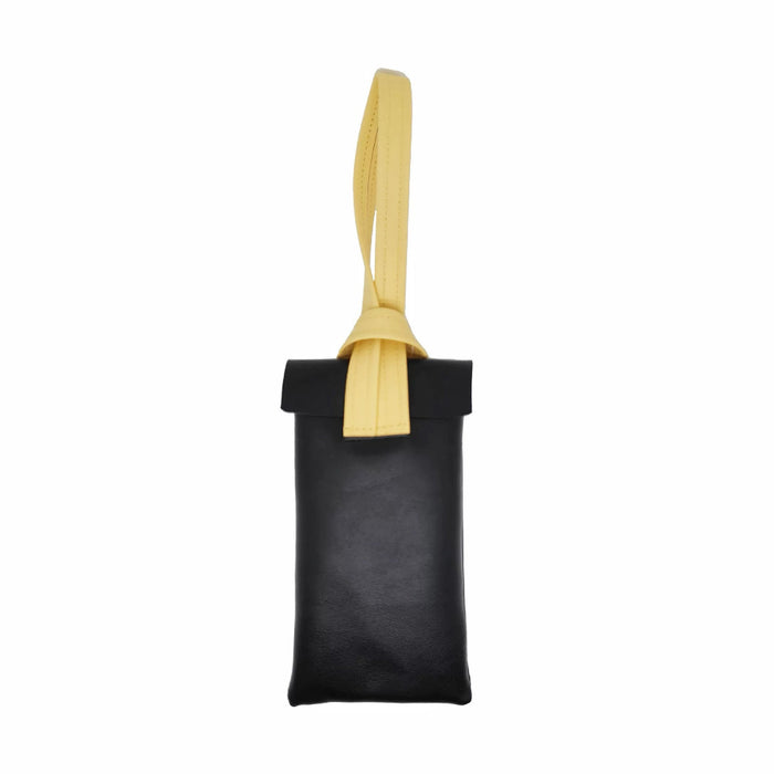 Black PU leather case with yellow strap, high-contrast design ideal for securing reading glasses on the go.