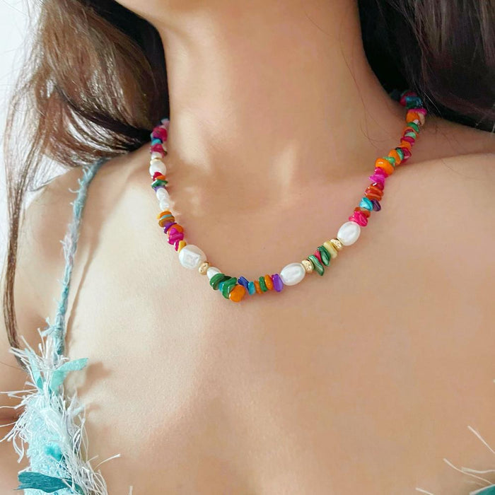 Model wearing a Color-Pop Dream Necklace, ideal for vacation mode.