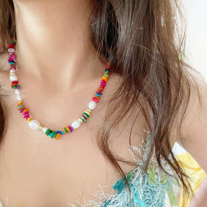 Model wearing a  Color-Pop Dream Necklace, easy for gifting and photo-ready styling.
