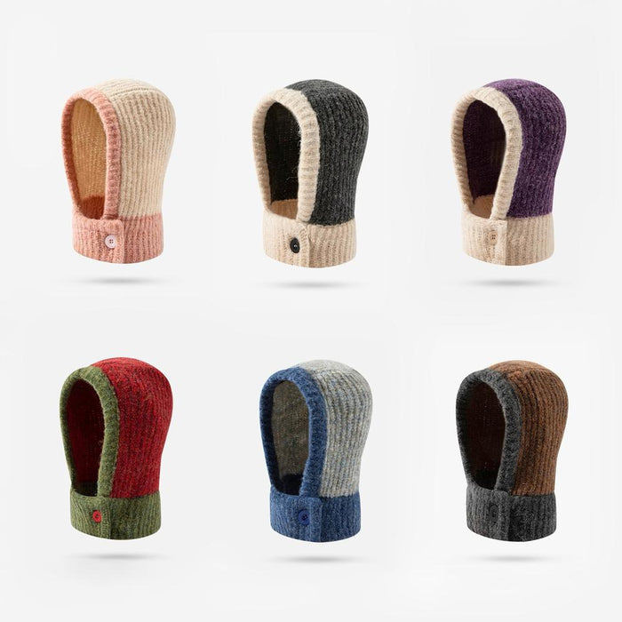 Six color-spliced wool-acrylic balaclava hats with button details, displaying various two-tone designs.