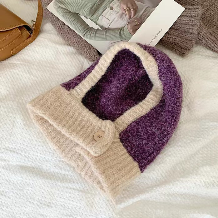 Front view of beige balaclava hat with premium color-blocked panels, ideal for a refined outdoor look.