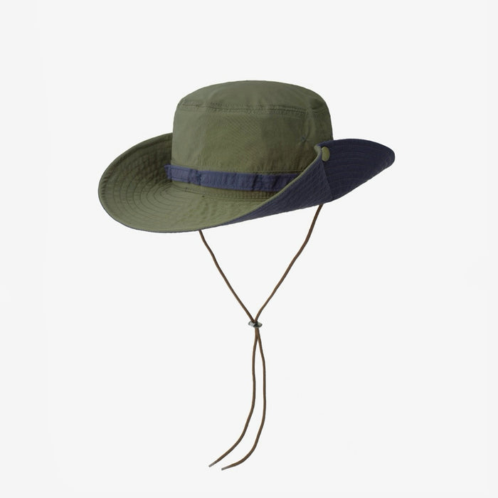 Product shot of the olive green bucket hat with its chin strap.