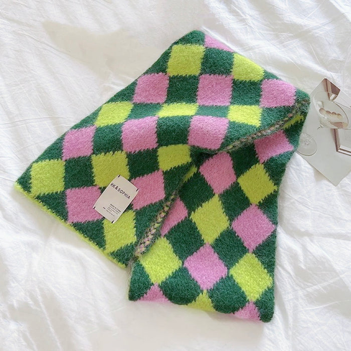 Front view of Wool-acrylic colorblock diamond scarf in green, lime, and pink, folded on a white surface.