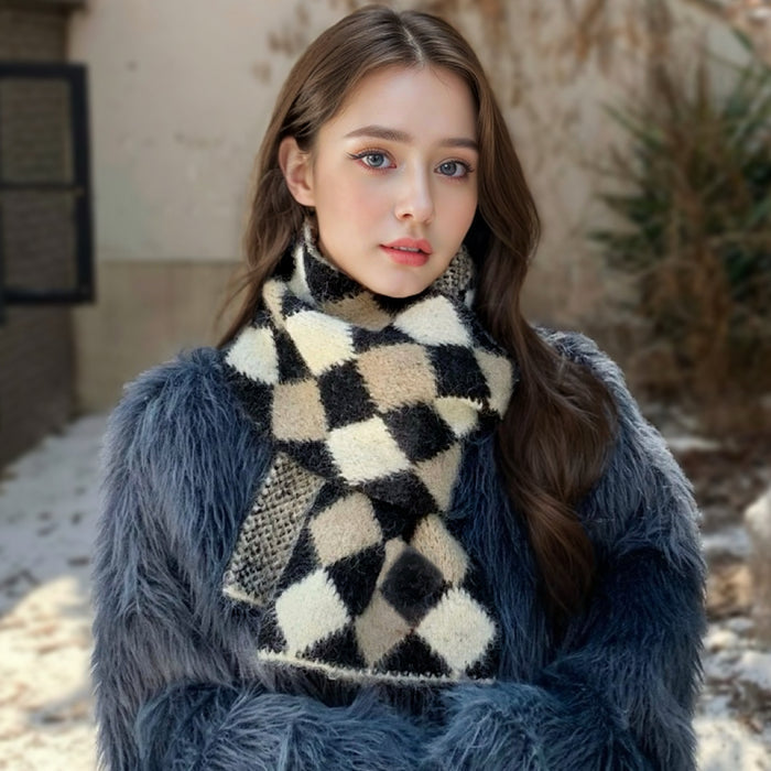 Model wearing a wool scarf Colorblock Diamond Scarf, great for office layering and commuting.