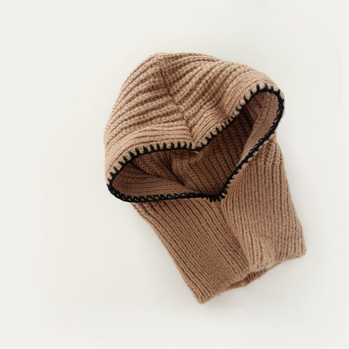 Front view of khaki balaclava hat with contrast edges, showcasing a comfortable cotton-acrylic knit.