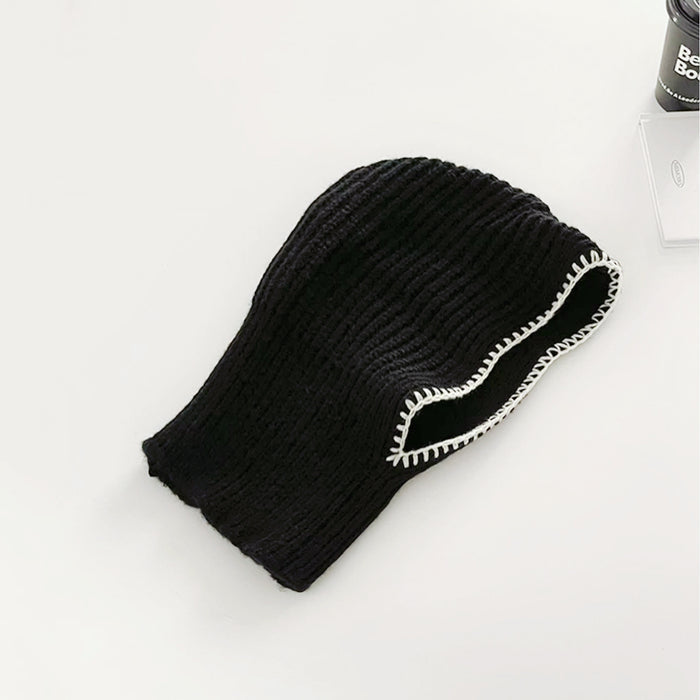 Front view of black balaclava hat with contrast edges, designed for a snug and stylish winter fit.