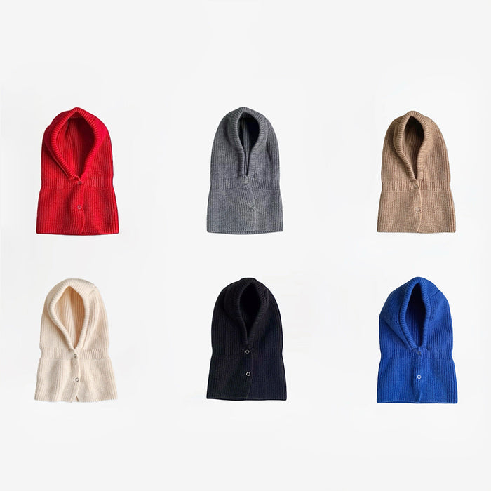 Six colored knitted balaclava hats in bold tones, featuring button closures and warm acrylic-cotton blend.