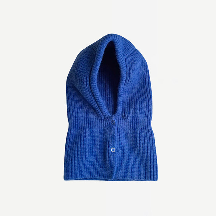 Front view of Klein blue balaclava hat with multi-tone patterns, knitted for both style and warmth.