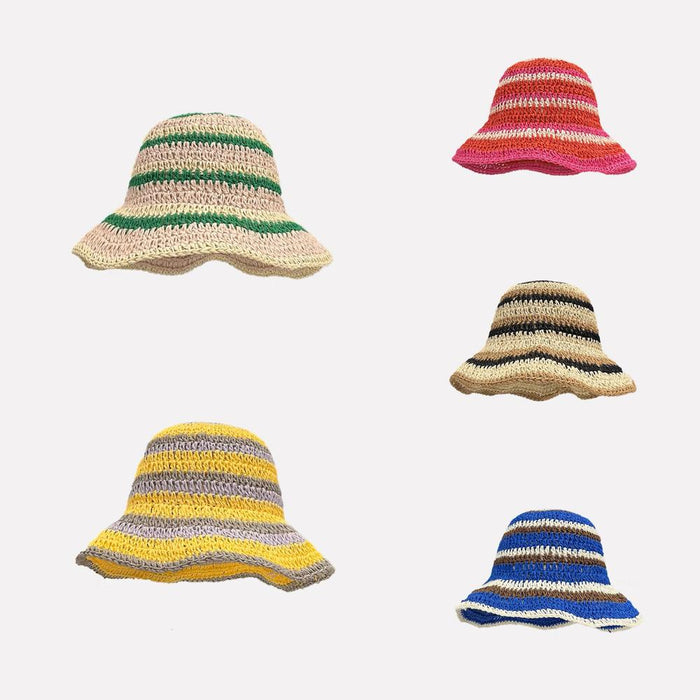 Group of foldable straw hats with colorful stripes, offering lightweight and portable beach sun protection.