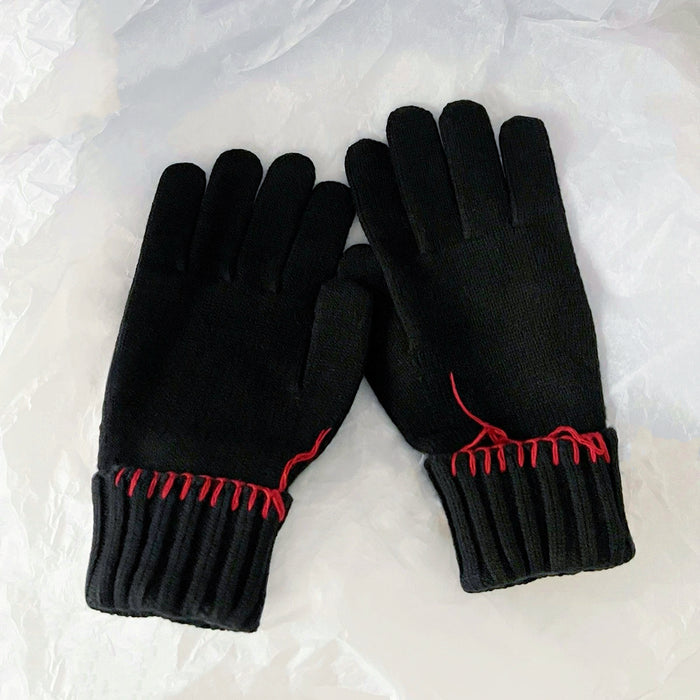 Black colored-thread hemming gloves with contrast stitching; classic knit warmth for cold weather.