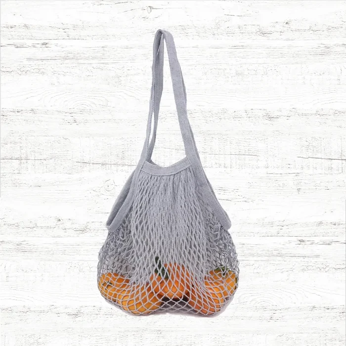 Front view of Colorful Net Shopper Bag in gray, ideal for errands and gifting.