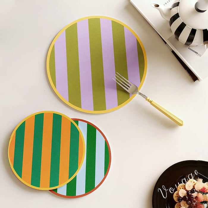 Top view of Colorful striped PU leather coasters/hot pads in various sizes and patterns .