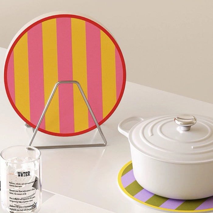 Front view of Colorful Striped Coaster/Hot Pad in pink and yellow stripes.