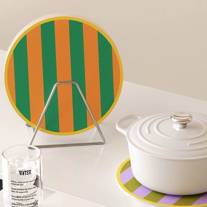 Folded view of Colorful Striped Coaster/Hot Pad product in orange and green.