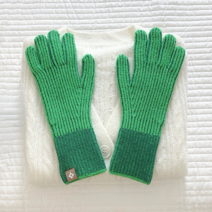 Green contrast striped knit gloves with bold banding; warm cozy gloves for cold weather.