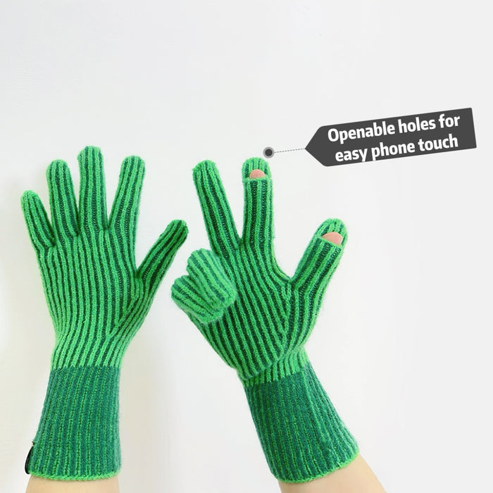 Close-up contrast striped knit gloves with ribbed cuffs; simple winter warmth for everyday use.