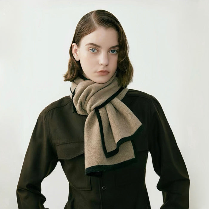 Model wearing a Beige wool-polyester knit scarf with black contrast trim in gray and khaki, ideal for daily wear.