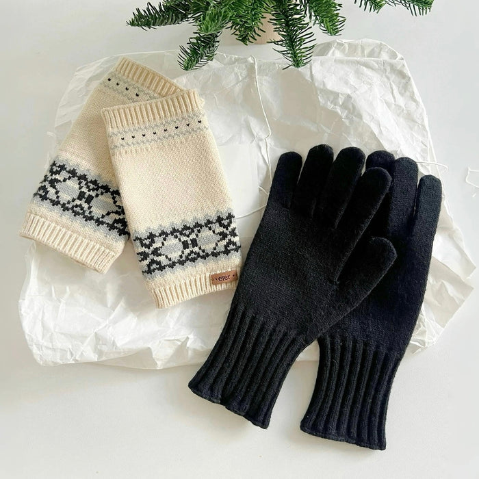 Flat lay convertible Fair Isle knit gloves with grey base and patterned cuffs; cozy for winter layering.