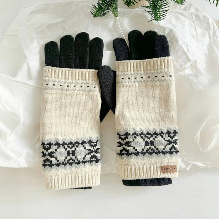 Convertible Fair Isle knit glove cuffs in navy with tan/cream pattern, paired with grey gloves; winter-ready.