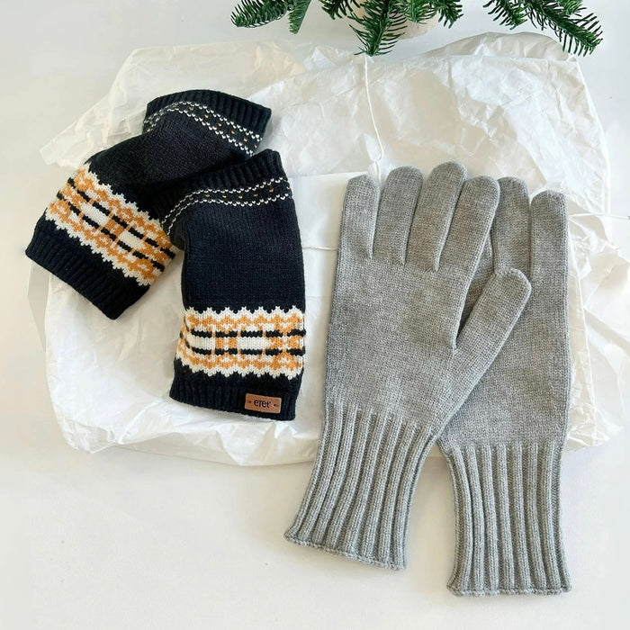 Close-up of convertible Fair Isle knit cuffs, navy and grey with patterned band; warm layering for cold days.