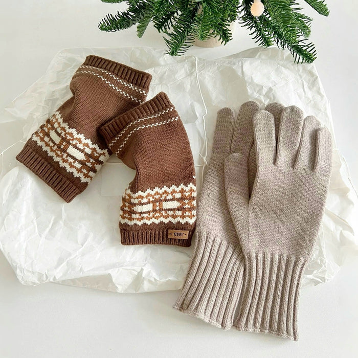 Convertible Fair Isle knit cuffs in brown with cream pattern over beige gloves; warm accessory for chilly weather.