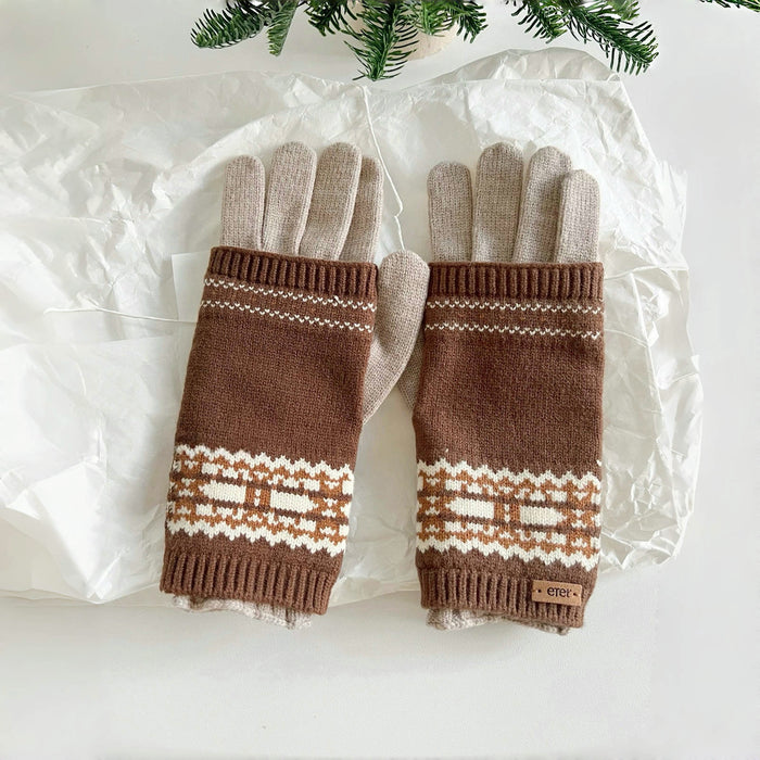 Flat lay convertible Fair Isle knit cuff gloves, brown and cream pattern with ribbed edges; cozy winter layering.