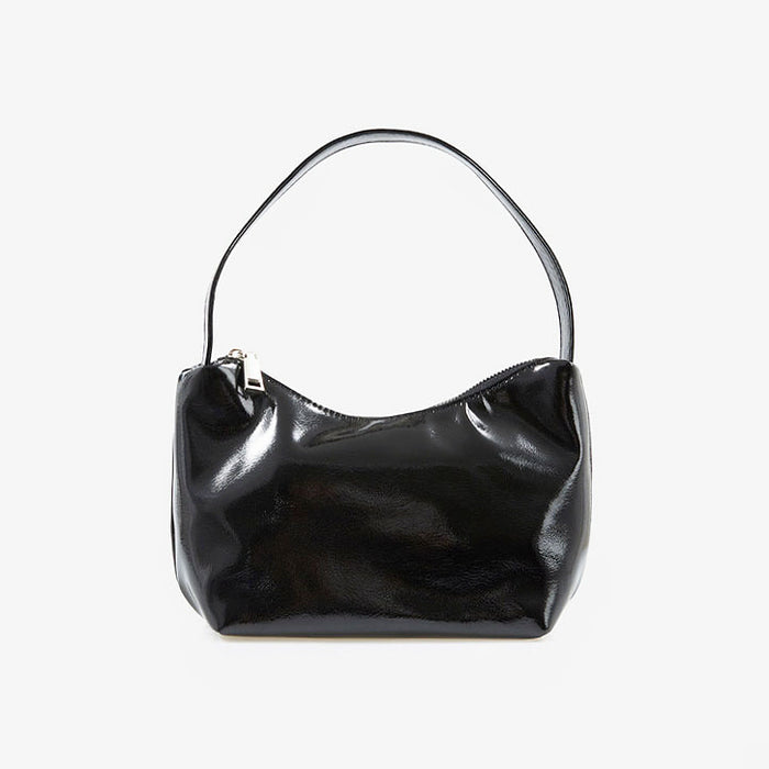 Flat lay of Cool Patent Leather Shoulder Bag in black, great for everyday carry and travel.