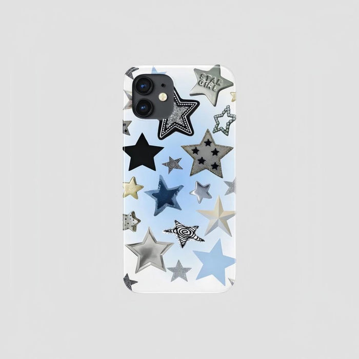 Silicone Cool Stars Phone Case for iPhone featuring black, silver, and blue star designs. Y2K aesthetic cover.