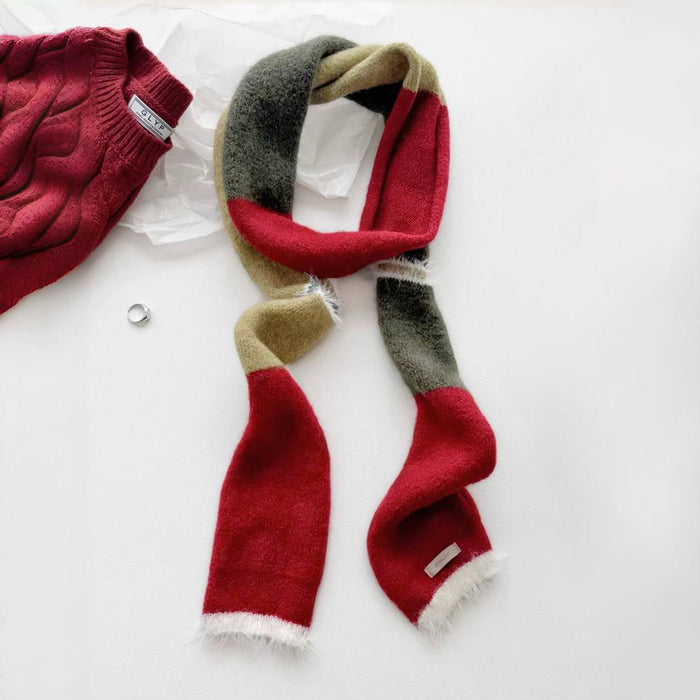 Angled view of Cozy Patch Skinny Scarf: Red, olive, and tan color block wool blend scarf with fringe ends.
