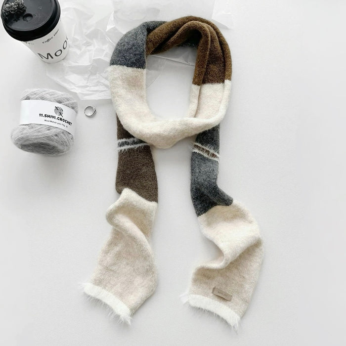 Front view of Cozy Patch Skinny Scarf in gray, ideal for everyday styling and weekend outings.