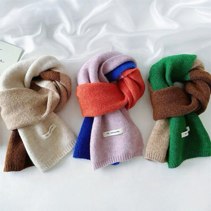 Front view of Three cozy wool-acrylic splicing color scarves: beige/brown, pink/blue/orange, and green/brown/beige.