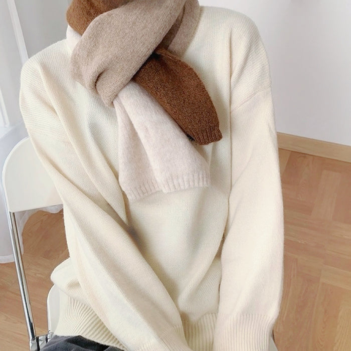 Flat lay of Cozy Splicing Color Scarf in beige and khaki, great for office layering and commuting.